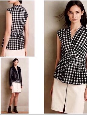 Deletta Black and White Gingham Twist-Front Sleeveless Top